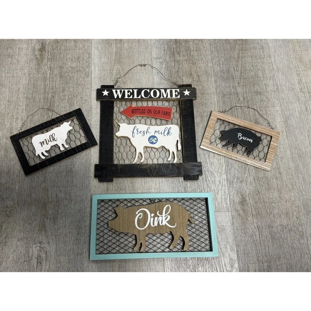 Farmhouse Hanging Wood Signs Wire Pig & Cow Rustic Distressed Decor Set Of 4